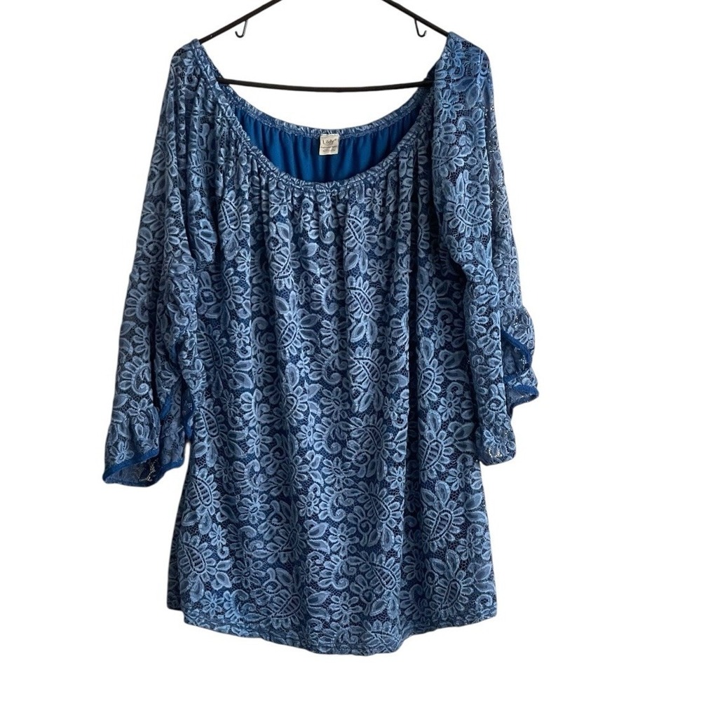 Lildy Women Sz XL Full Lace Tunic Blue Floral 3/4 Bell Sleeve Lined Blouse boho - Picture 1 of 7